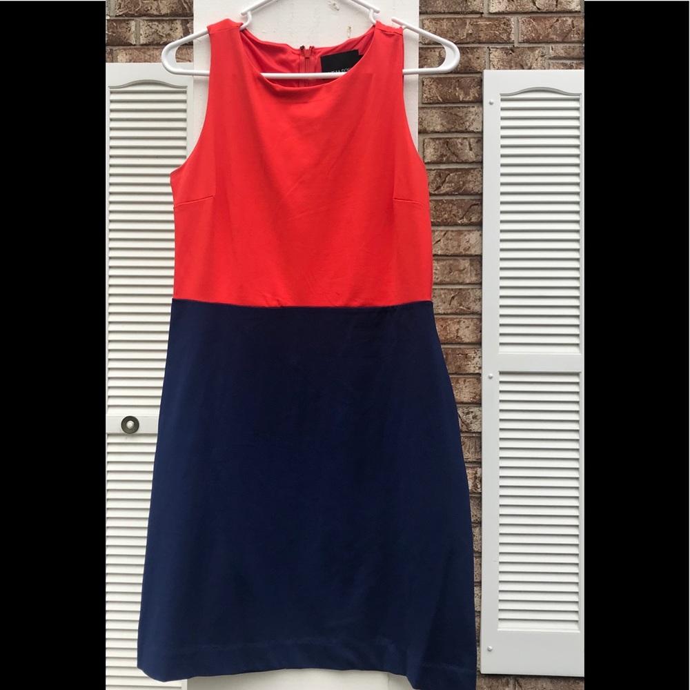 Cynthia Rowley coral and navy color-block dress.